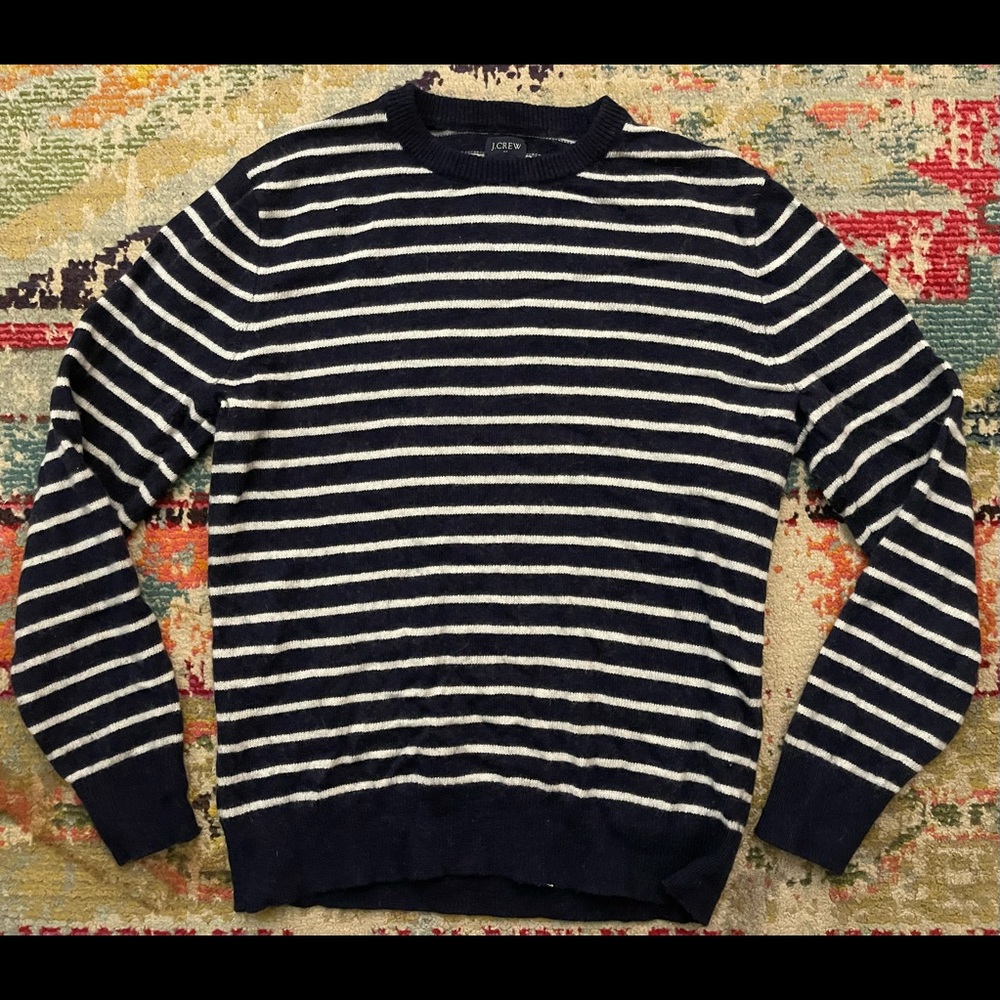 J. Mens Wool Crewneck Sweater; Navy w/White Stripes; Size L